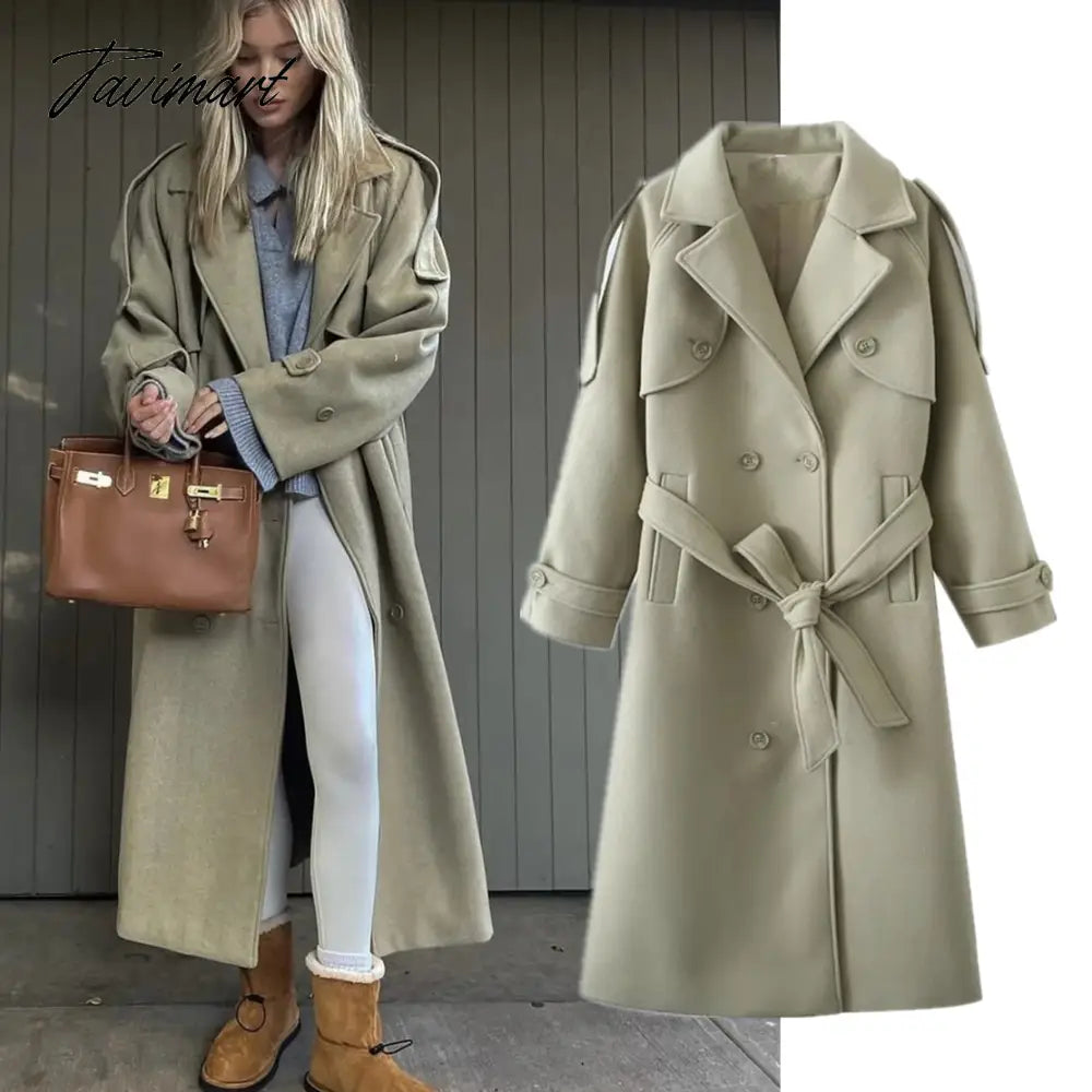 Ins Fashion Trench Coat Overcoat Women Blogger Vintage Loose Ligh Green Long Jacket