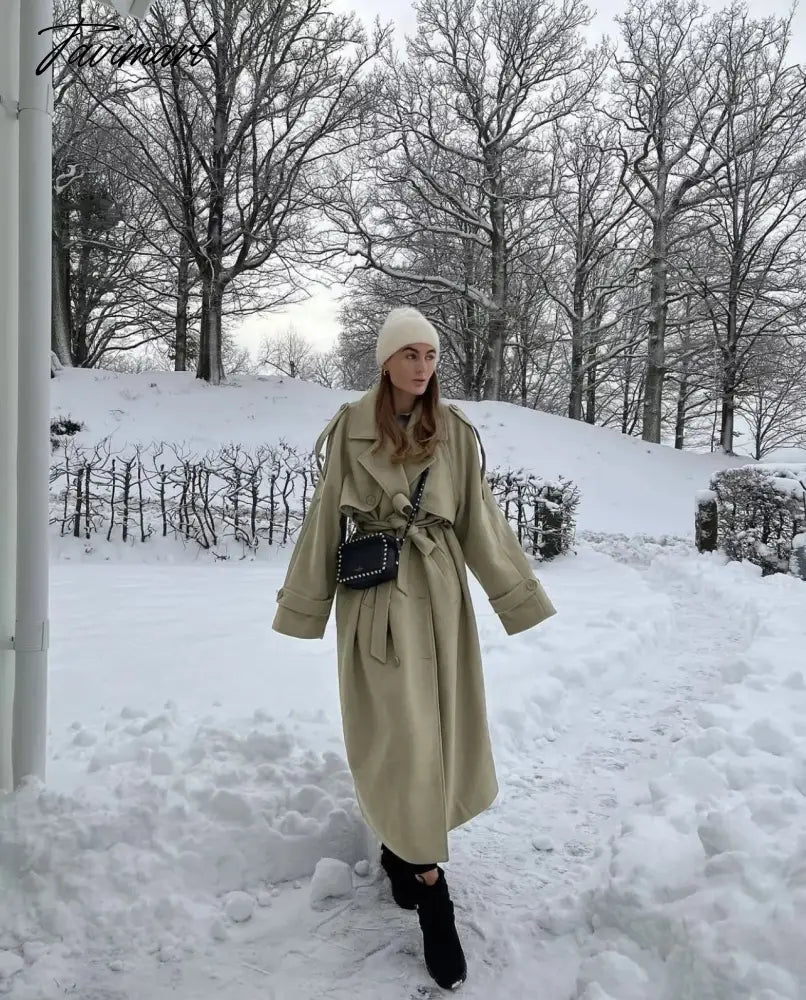 Ins Fashion Trench Coat Overcoat Women Blogger Vintage Loose Ligh Green Long Jacket
