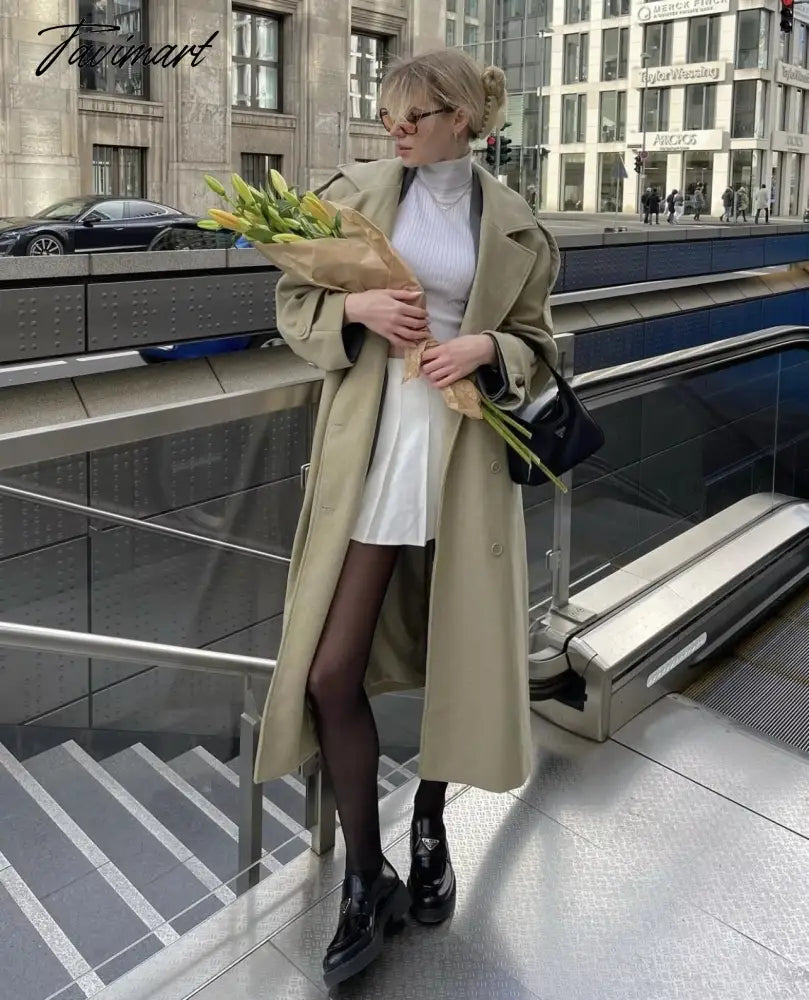 Ins Fashion Trench Coat Overcoat Women Blogger Vintage Loose Ligh Green Long Jacket