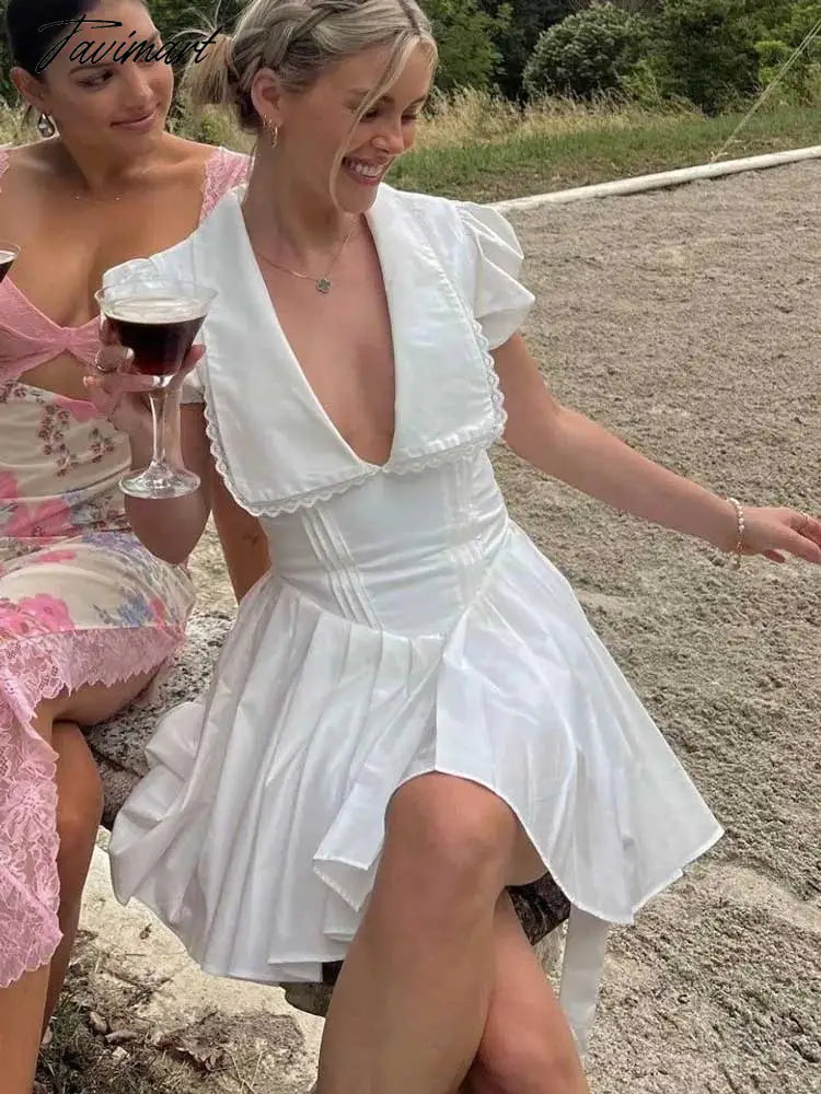 Inspired WHITE PLEATED MINI DRESS plunge neckline puff sleeve summer dress cotton white party dress new sexy women dress