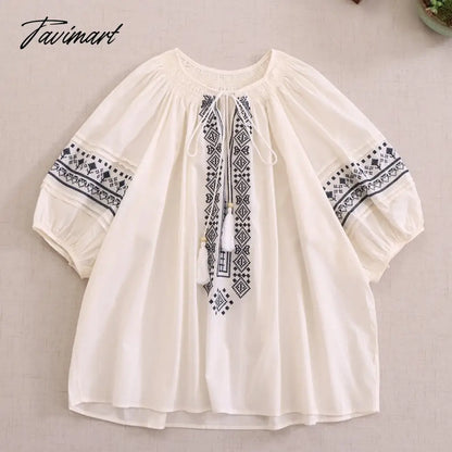 Japan Style Mori Girl O-Neck Embroidery Half Sleeve Shirt Loose Cotton Blouse Women