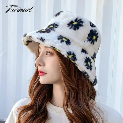 Japanes New Winter Daisy Faux Fur Bucket Hat For Women Thick Warm Hat Lady Outdoor Travel Panama Girls Soft Velvet Fisherman Hat