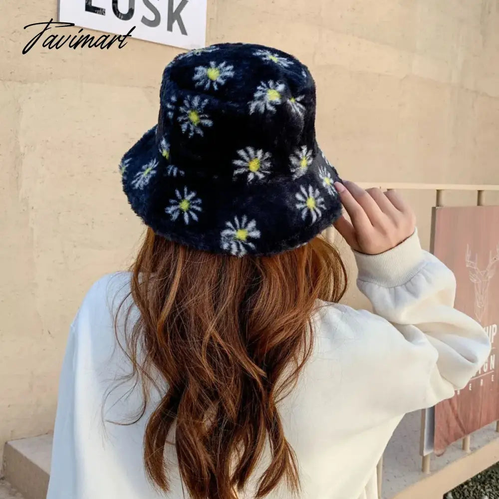 Japanes New Winter Daisy Faux Fur Bucket Hat For Women Thick Warm Hat Lady Outdoor Travel Panama Girls Soft Velvet Fisherman Hat