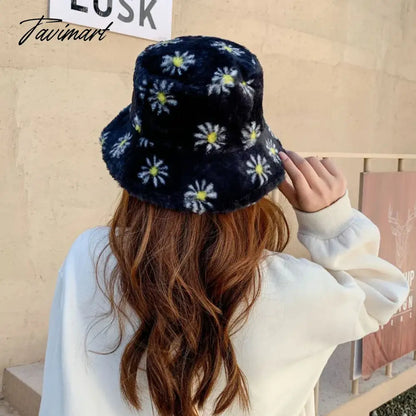 Japanes New Winter Daisy Faux Fur Bucket Hat For Women Thick Warm Hat Lady Outdoor Travel Panama Girls Soft Velvet Fisherman Hat
