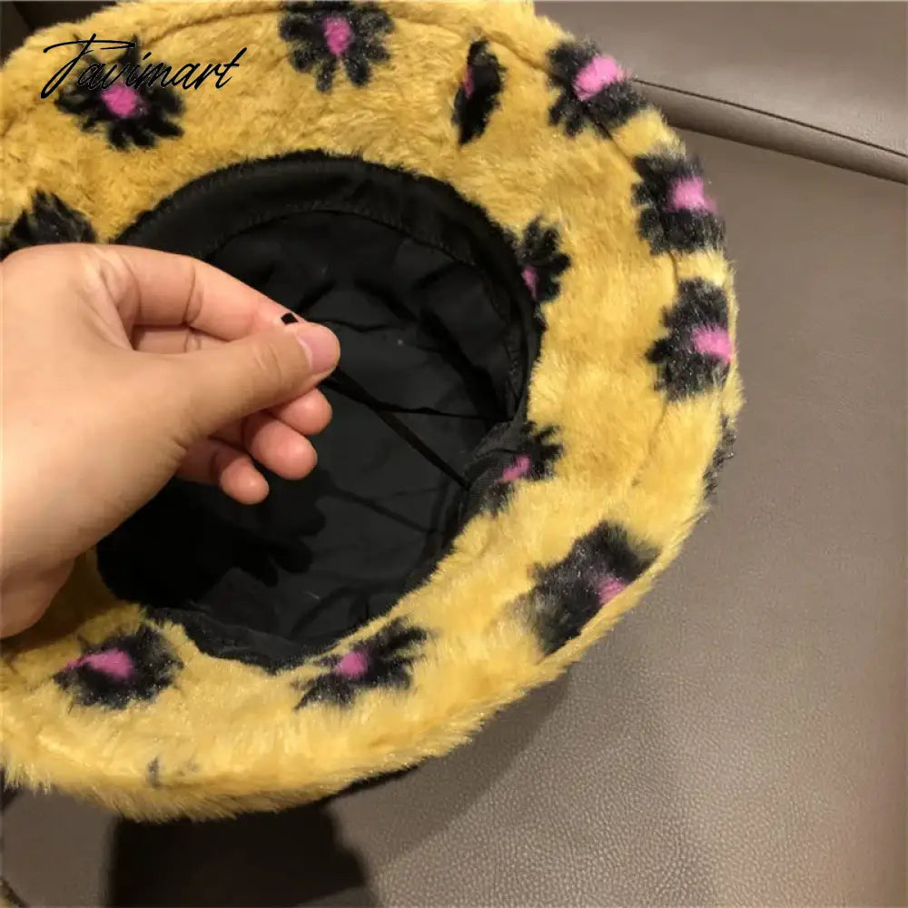 Japanes New Winter Daisy Faux Fur Bucket Hat For Women Thick Warm Hat Lady Outdoor Travel Panama Girls Soft Velvet Fisherman Hat