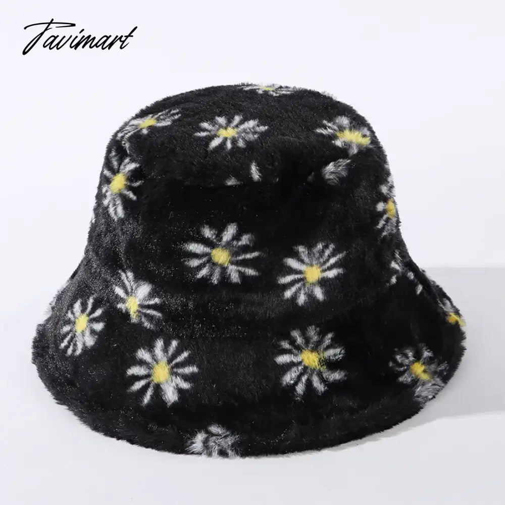 Japanes New Winter Daisy Faux Fur Bucket Hat For Women Thick Warm Hat Lady Outdoor Travel Panama Girls Soft Velvet Fisherman Hat
