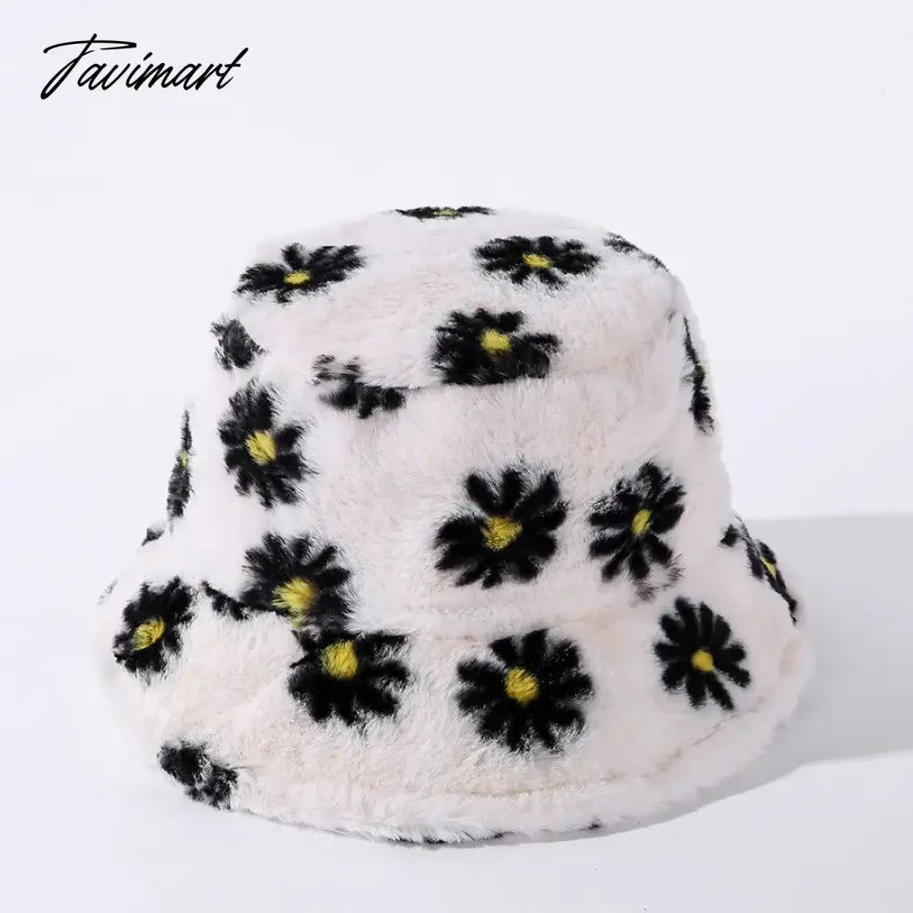 Japanes New Winter Daisy Faux Fur Bucket Hat For Women Thick Warm Hat Lady Outdoor Travel Panama Girls Soft Velvet Fisherman Hat