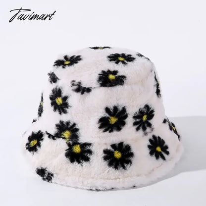 Japanes New Winter Daisy Faux Fur Bucket Hat For Women Thick Warm Hat Lady Outdoor Travel Panama Girls Soft Velvet Fisherman Hat