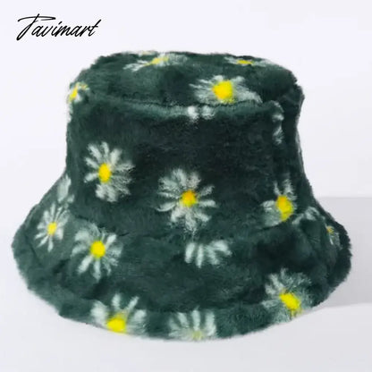 Japanes New Winter Daisy Faux Fur Bucket Hat For Women Thick Warm Hat Lady Outdoor Travel Panama Girls Soft Velvet Fisherman Hat