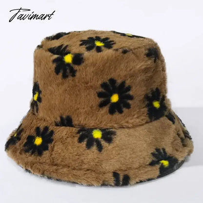 Japanes New Winter Daisy Faux Fur Bucket Hat For Women Thick Warm Hat Lady Outdoor Travel Panama Girls Soft Velvet Fisherman Hat