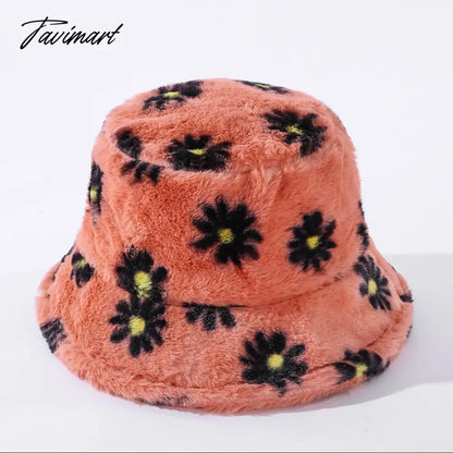 Japanes New Winter Daisy Faux Fur Bucket Hat For Women Thick Warm Hat Lady Outdoor Travel Panama Girls Soft Velvet Fisherman Hat