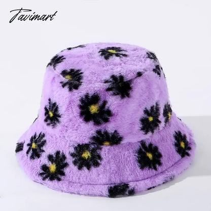 Japanes New Winter Daisy Faux Fur Bucket Hat For Women Thick Warm Hat Lady Outdoor Travel Panama Girls Soft Velvet Fisherman Hat