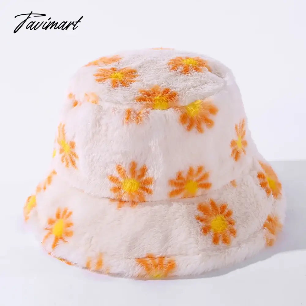 Japanes New Winter Daisy Faux Fur Bucket Hat For Women Thick Warm Hat Lady Outdoor Travel Panama Girls Soft Velvet Fisherman Hat