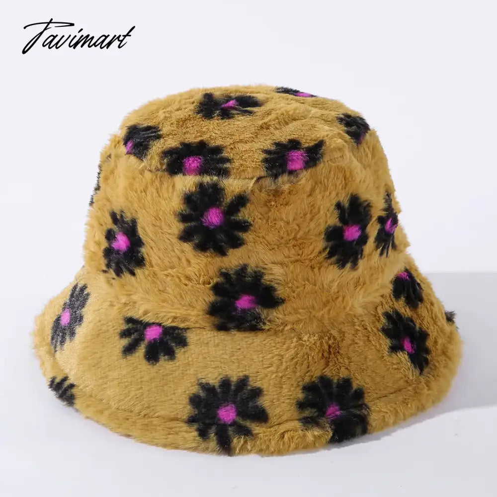 Japanes New Winter Daisy Faux Fur Bucket Hat For Women Thick Warm Hat Lady Outdoor Travel Panama Girls Soft Velvet Fisherman Hat