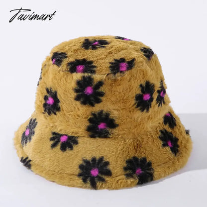 Japanes New Winter Daisy Faux Fur Bucket Hat For Women Thick Warm Hat Lady Outdoor Travel Panama Girls Soft Velvet Fisherman Hat