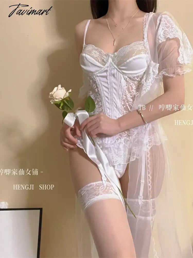 Japanese Girl Exotic Fairy Sexy Lace Mesh Ultrashort Mini Dress V-neck Nightdress Female Sexy Clothes Korean Sweet H3X