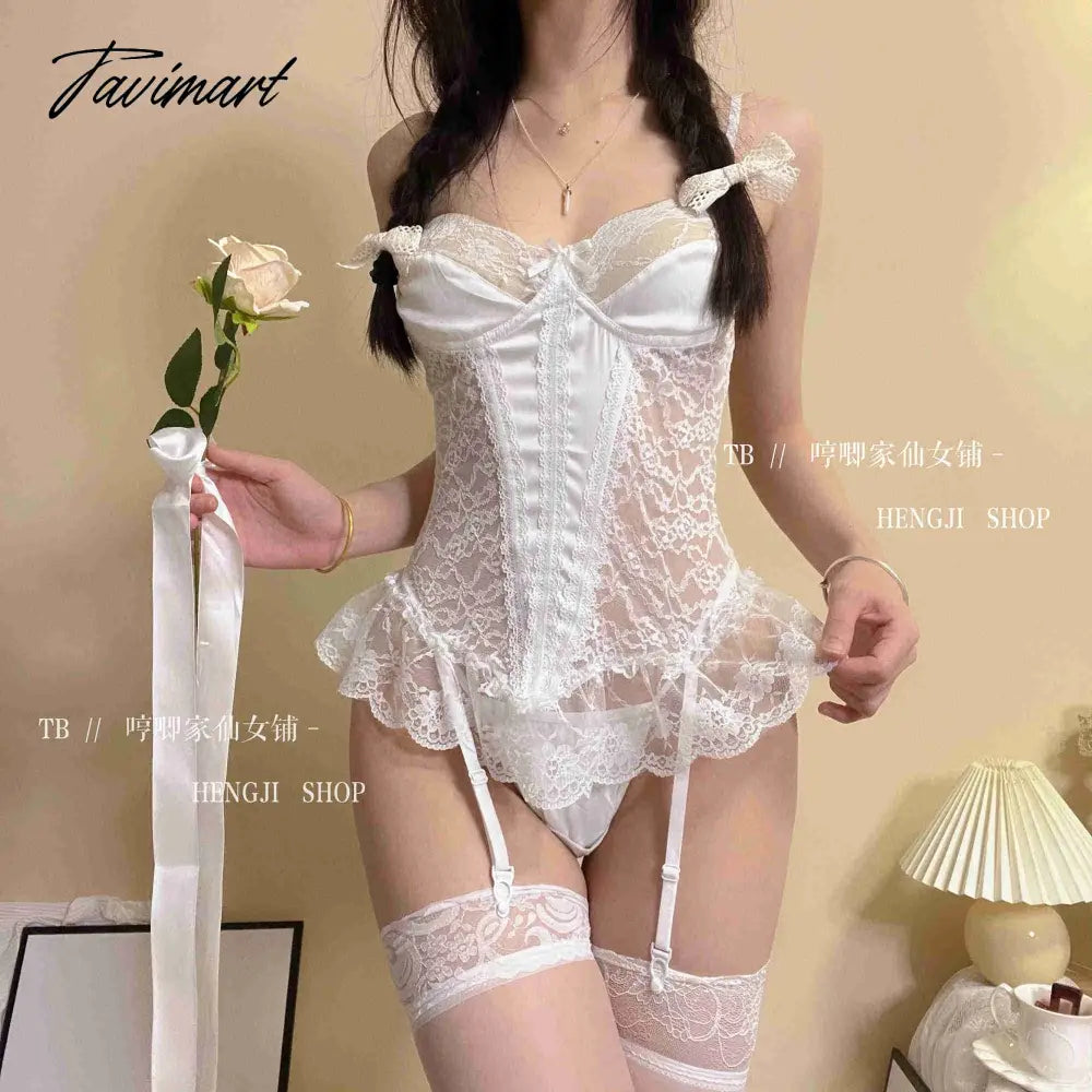 Japanese Girl Exotic Fairy Sexy Lace Mesh Ultrashort Mini Dress V-neck Nightdress Female Sexy Clothes Korean Sweet H3X