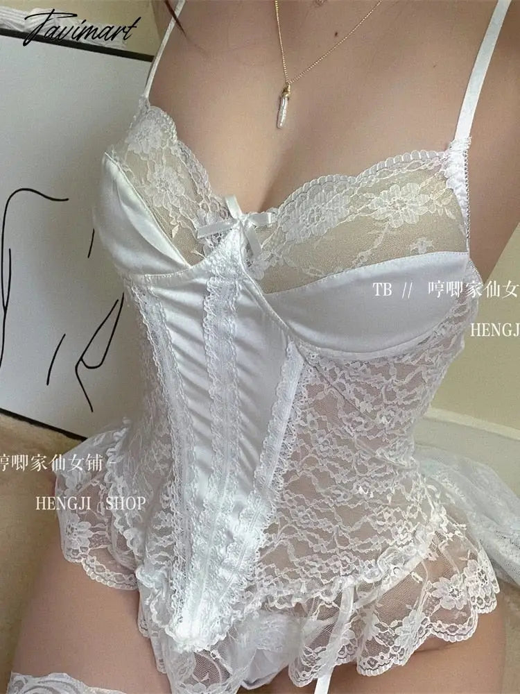 Japanese Girl Exotic Fairy Sexy Lace Mesh Ultrashort Mini Dress V-neck Nightdress Female Sexy Clothes Korean Sweet H3X