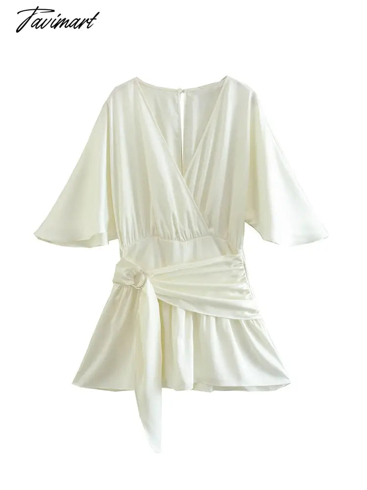 Jumpsuit Women V Neck Raglan Short Sleeve Elegant Vintage Satin Romper Button Open Back Waist Buckle Tie Playsuit Shorts