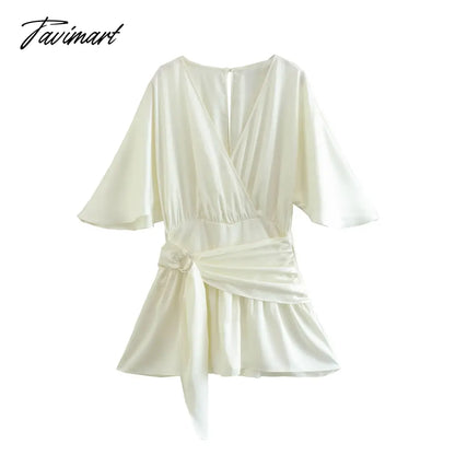 Jumpsuit Women V Neck Raglan Short Sleeve Elegant Vintage Satin Romper Button Open Back Waist Buckle Tie Playsuit Shorts