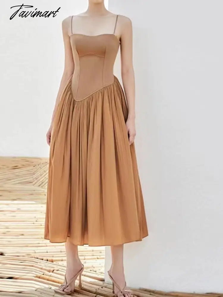 Khaki Sexy Spaghetti Strap Summer Dress For Women Design Runway Style Slim Waist Pleated Dresses Vestidos