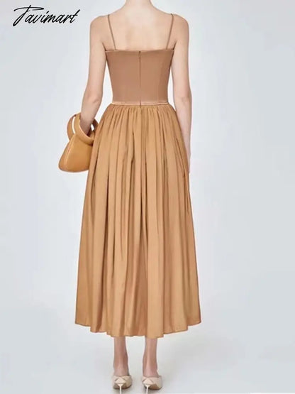 Khaki Sexy Spaghetti Strap Summer Dress For Women Design Runway Style Slim Waist Pleated Dresses Vestidos