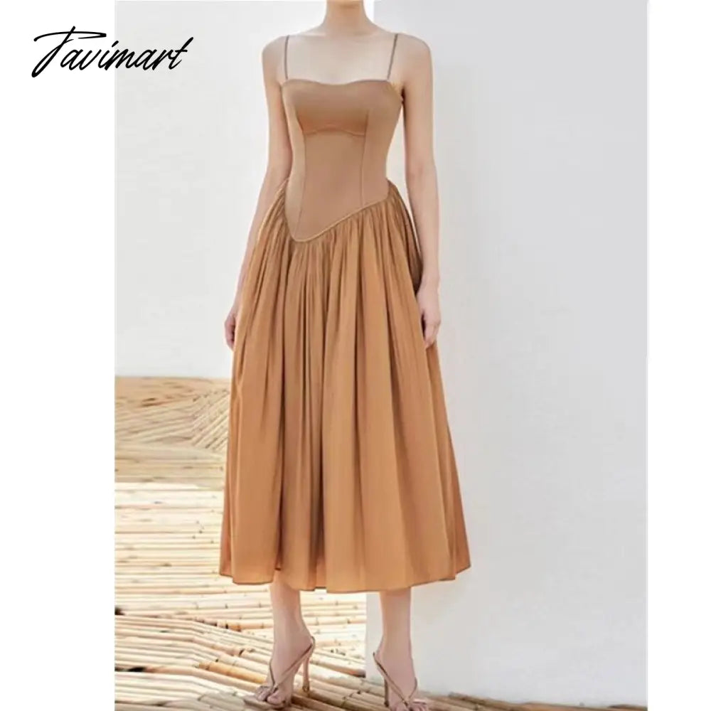 Khaki Sexy Spaghetti Strap Summer Dress For Women Design Runway Style Slim Waist Pleated Dresses Vestidos
