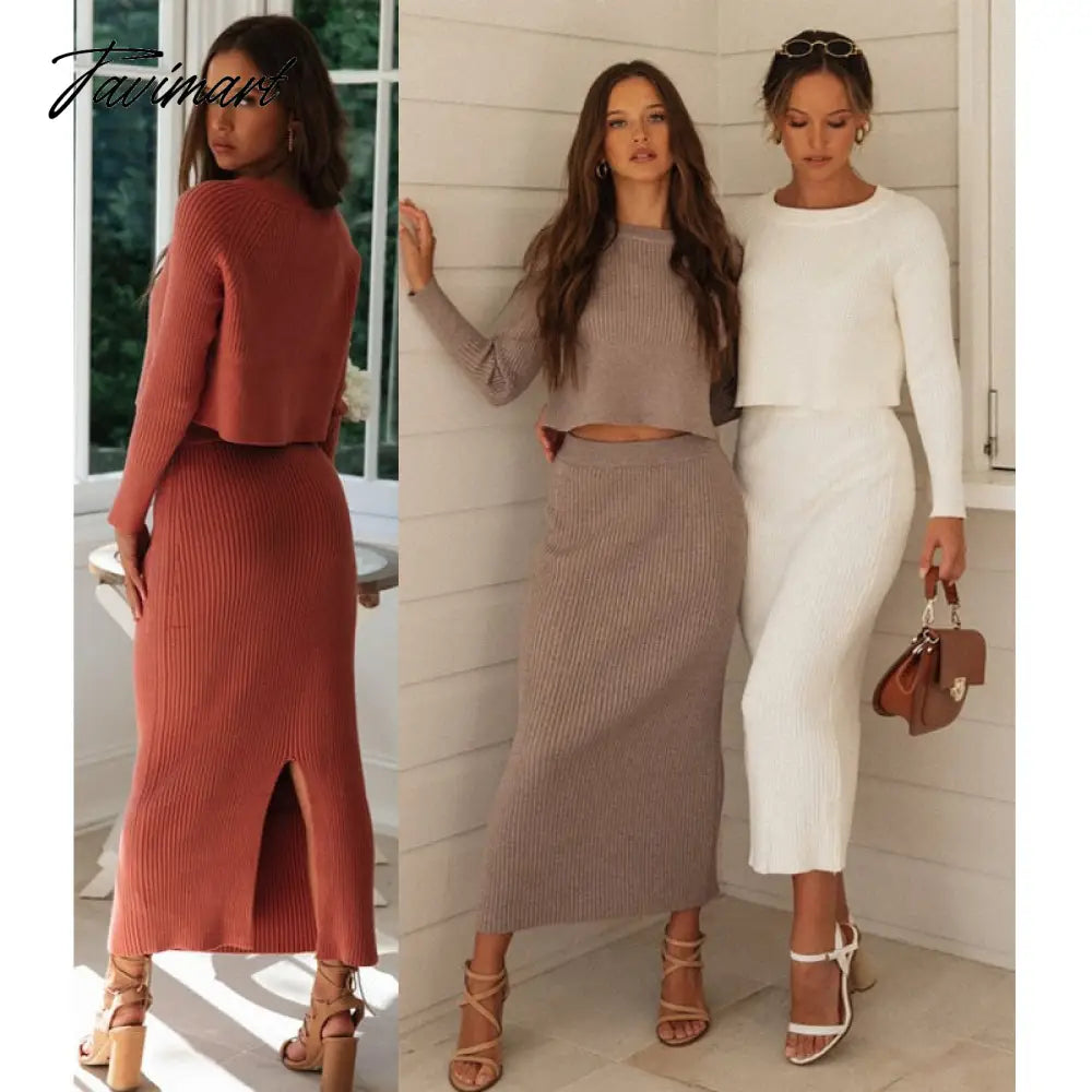 Knitted 2 Pieces Set Women Pullovers Sweater Crop Tops & Knitted Skirts Bodycon Office Lady Skirts Suits Winter Clothes