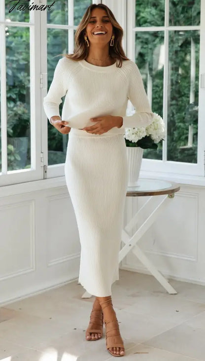 Knitted 2 Pieces Set Women Pullovers Sweater Crop Tops & Knitted Skirts Bodycon Office Lady Skirts Suits Winter Clothes