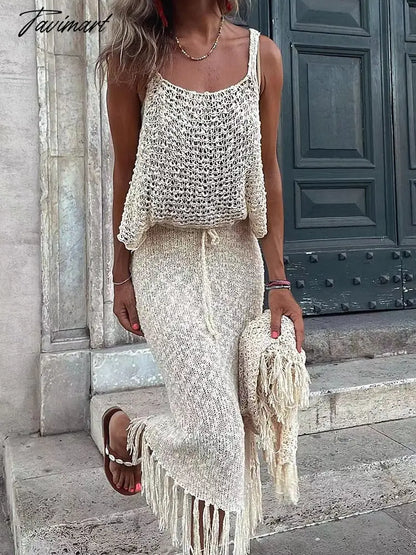 Knitted Camisole Blouse Tassel Skirts Two Piece Sets Women Sexy See Through Summer Mesh Beach Dress Suits Hollow Out Sling Tops