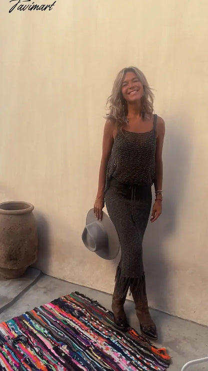 Knitted Camisole Blouse Tassel Skirts Two Piece Sets Women Sexy See Through Summer Mesh Beach Dress Suits Hollow Out Sling Tops