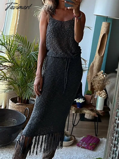 Knitted Camisole Blouse Tassel Skirts Two Piece Sets Women Sexy See Through Summer Mesh Beach Dress Suits Hollow Out Sling Tops
