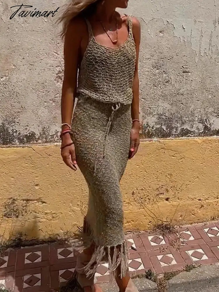 Knitted Camisole Blouse Tassel Skirts Two Piece Sets Women Sexy See Through Summer Mesh Beach Dress Suits Hollow Out Sling Tops