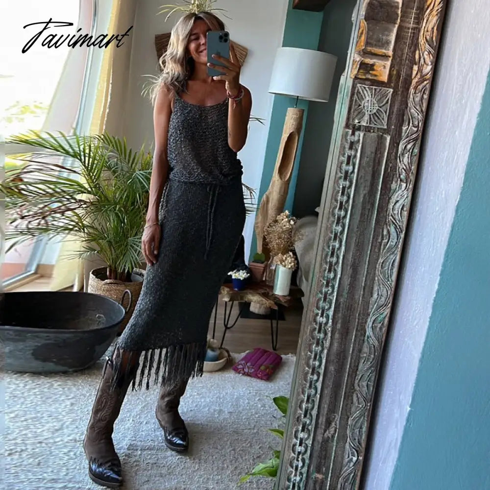 Knitted Camisole Blouse Tassel Skirts Two Piece Sets Women Sexy See Through Summer Mesh Beach Dress Suits Hollow Out Sling Tops