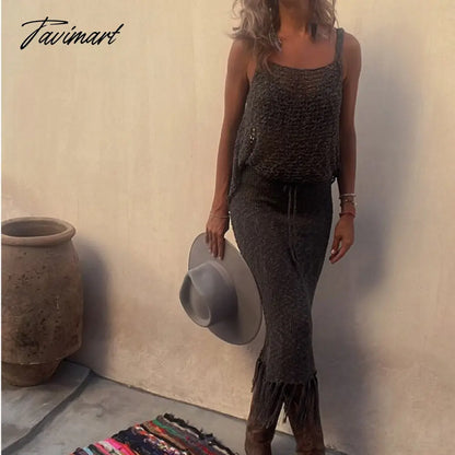 Knitted Camisole Blouse Tassel Skirts Two Piece Sets Women Sexy See Through Summer Mesh Beach Dress Suits Hollow Out Sling Tops