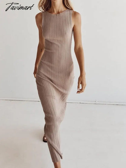 Knitted Sleeveless Dress Women Elegant Pit Stripe Long Dress Casual High Waist Slim Vest Dress Lady Fashion Solid Bodycon Dress