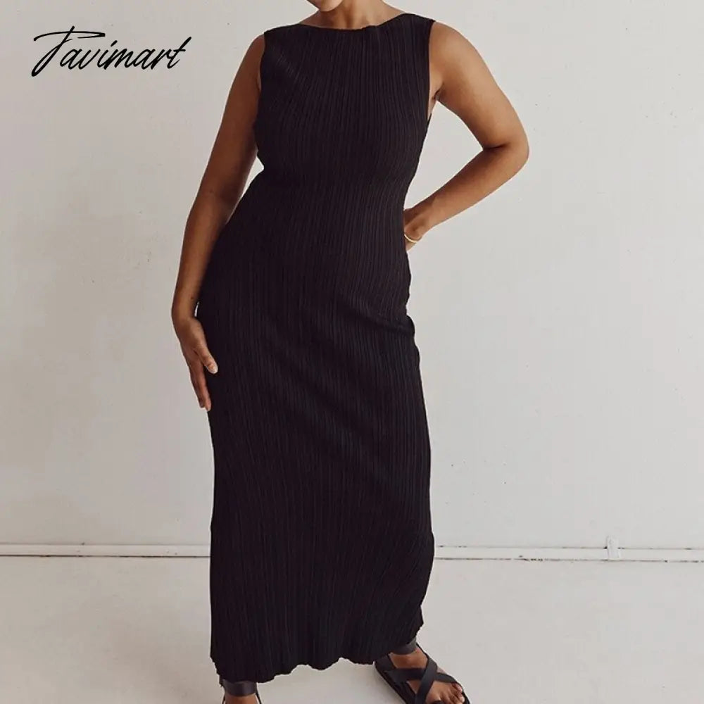 Knitted Sleeveless Dress Women Elegant Pit Stripe Long Dress Casual High Waist Slim Vest Dress Lady Fashion Solid Bodycon Dress