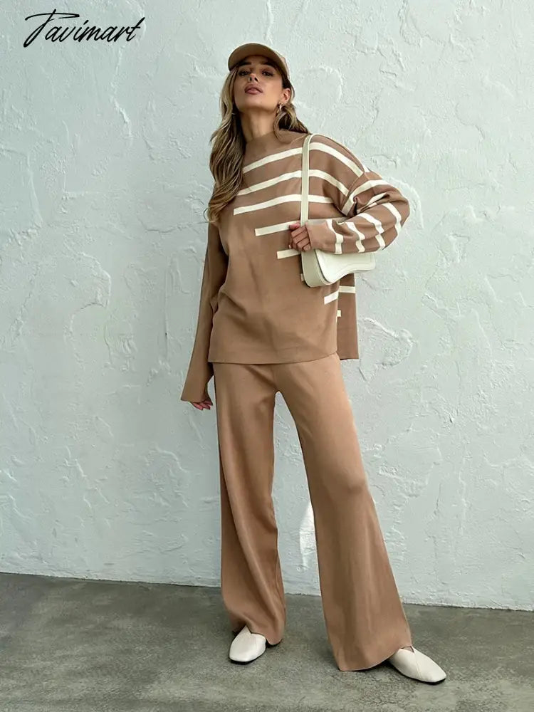 Knitted Two Piece Women Sets Long Sleeve Loungewear Knit Tracksuit Women Two Piece Set White Striped 2 Piece Set Women Outfit