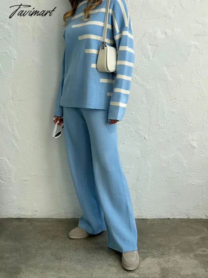 Knitted Two Piece Women Sets Long Sleeve Loungewear Knit Tracksuit Women Two Piece Set White Striped 2 Piece Set Women Outfit