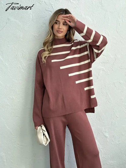 Knitted Two Piece Women Sets Long Sleeve Loungewear Knit Tracksuit Women Two Piece Set White Striped 2 Piece Set Women Outfit