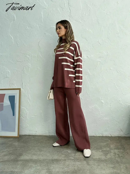Knitted Two Piece Women Sets Long Sleeve Loungewear Knit Tracksuit Women Two Piece Set White Striped 2 Piece Set Women Outfit