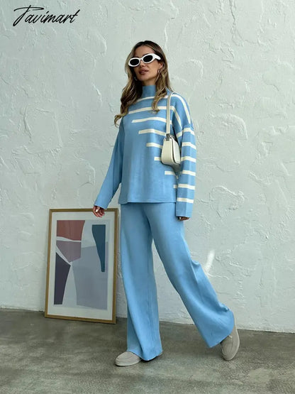Knitted Two Piece Women Sets Long Sleeve Loungewear Knit Tracksuit Women Two Piece Set White Striped 2 Piece Set Women Outfit