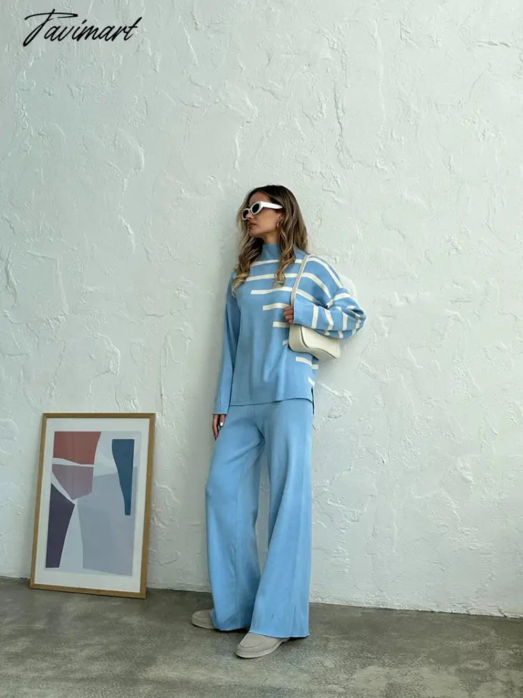 Knitted Two Piece Women Sets Long Sleeve Loungewear Knit Tracksuit Women Two Piece Set White Striped 2 Piece Set Women Outfit