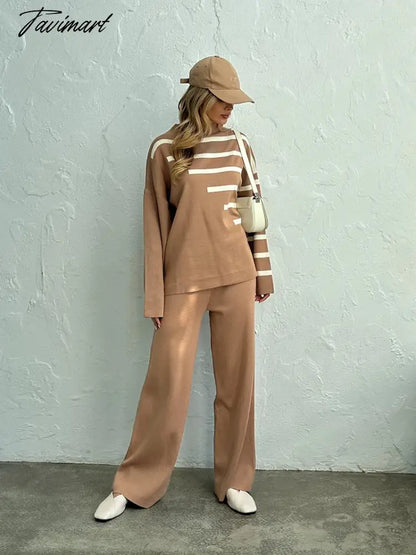 Knitted Two Piece Women Sets Long Sleeve Loungewear Knit Tracksuit Women Two Piece Set White Striped 2 Piece Set Women Outfit