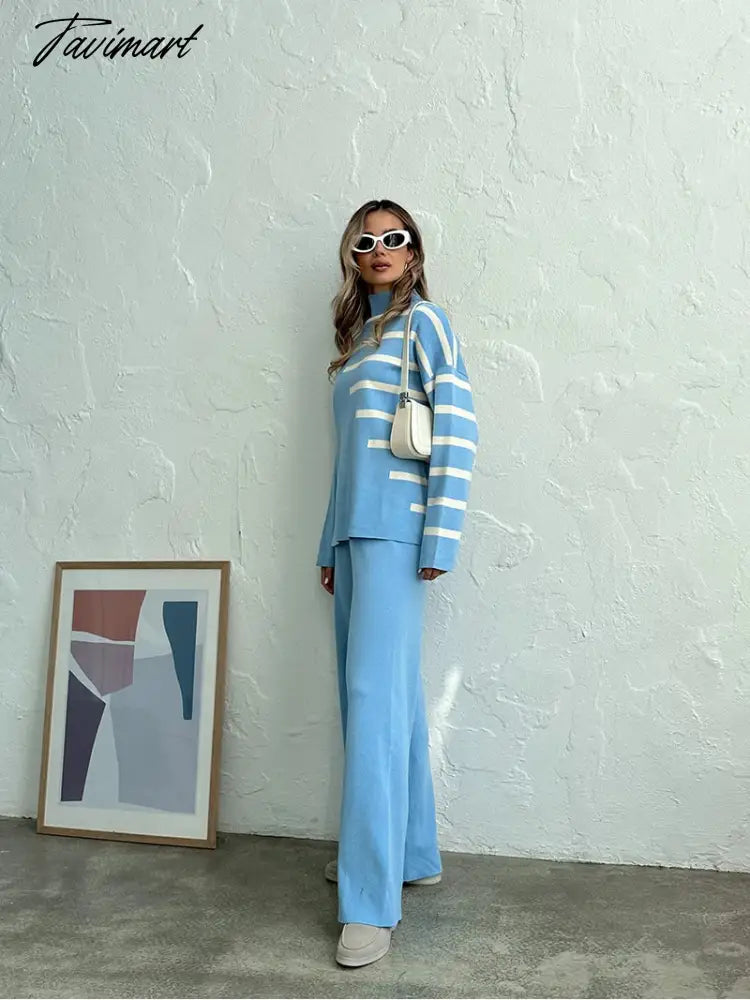 Knitted Two Piece Women Sets Long Sleeve Loungewear Knit Tracksuit Women Two Piece Set White Striped 2 Piece Set Women Outfit