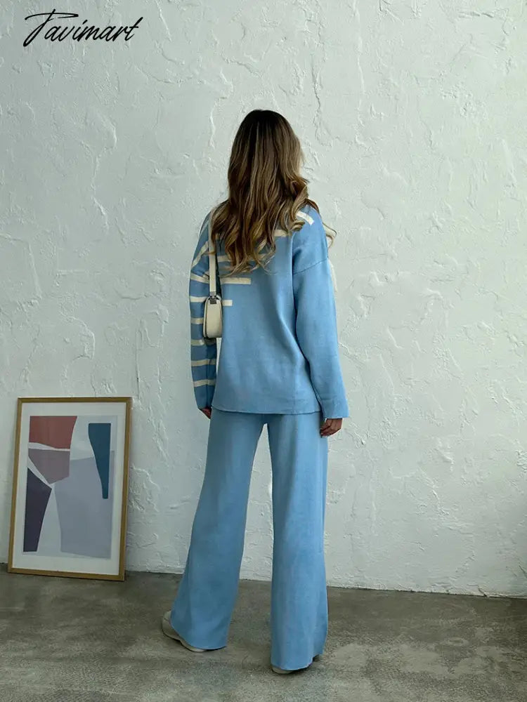 Knitted Two Piece Women Sets Long Sleeve Loungewear Knit Tracksuit Women Two Piece Set White Striped 2 Piece Set Women Outfit