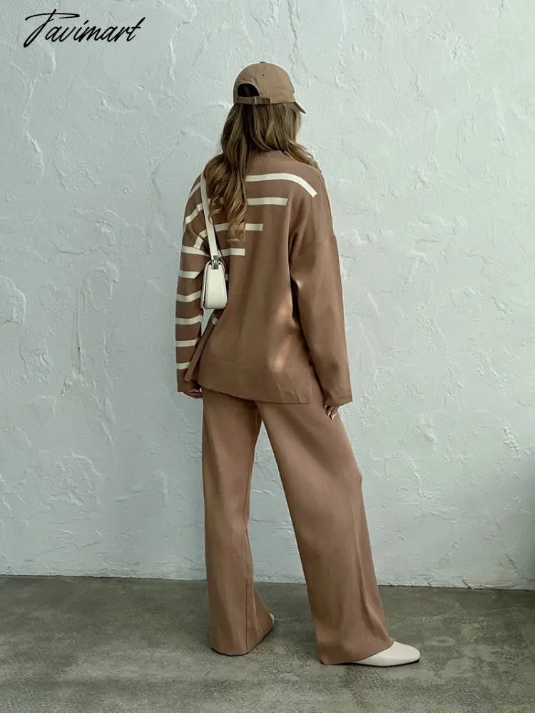 Knitted Two Piece Women Sets Long Sleeve Loungewear Knit Tracksuit Women Two Piece Set White Striped 2 Piece Set Women Outfit