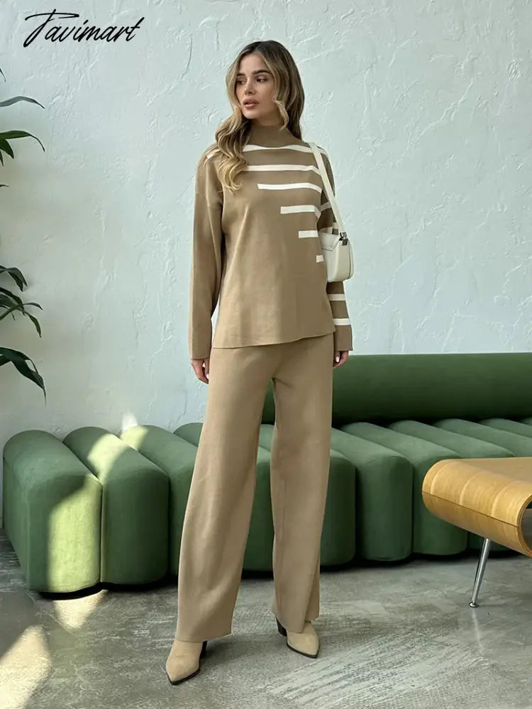 Knitted Two Piece Women Sets Long Sleeve Loungewear Knit Tracksuit Women Two Piece Set White Striped 2 Piece Set Women Outfit