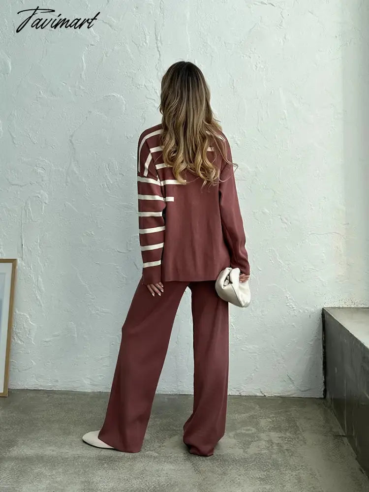 Knitted Two Piece Women Sets Long Sleeve Loungewear Knit Tracksuit Women Two Piece Set White Striped 2 Piece Set Women Outfit