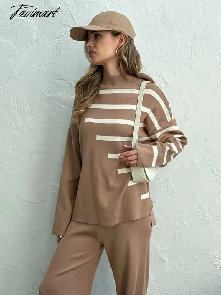 Knitted Two Piece Women Sets Long Sleeve Loungewear Knit Tracksuit Women Two Piece Set White Striped 2 Piece Set Women Outfit